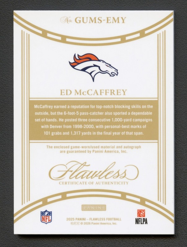 ED McCAFFREY 2025 FLAWLESS GAME-USED SAPPHIRE DUAL JERSEY AUTO AUTOGRAPH #1/11 view 2