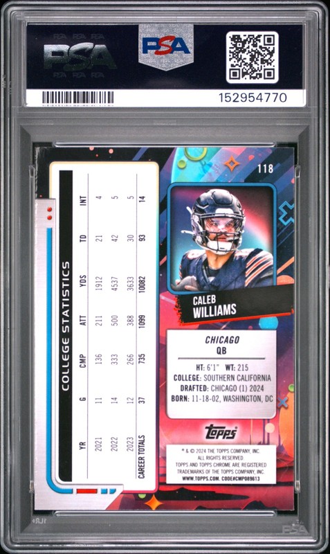 2024 TOPPS COSMIC CHROME PURPLE NEBULA #118 CALEB WILLIAMS 124/150 PSA 7 view 2