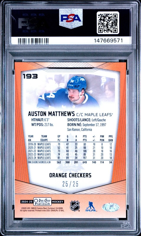 2024 UD O-PEE-CHEE PLATINUM ORANGE CHECKERS #193 AUSTON MATTHEWS 25/25 PSA 10 view 2