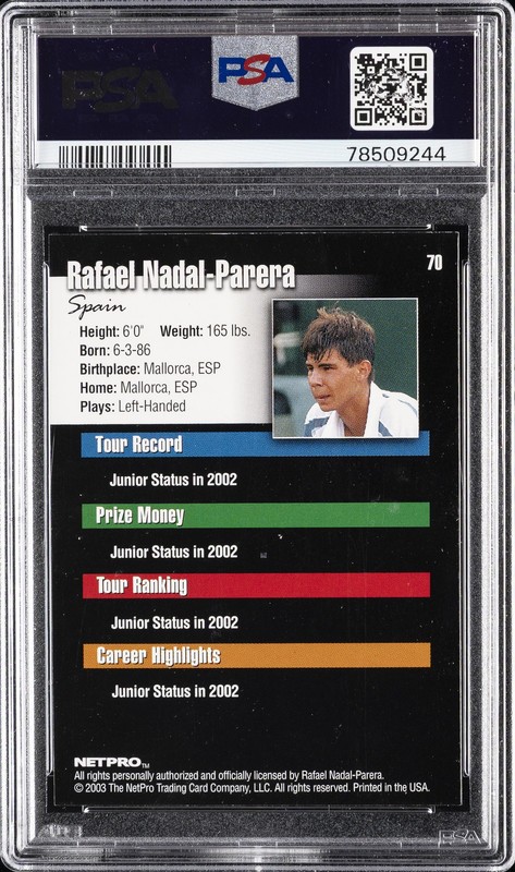 2003 NETPRO #70 RAFAEL NADAL-PARERA ROOKIE RC PSA 9 AUTO 10 view 2