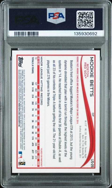 2014 TOPPS UPDATE BATTING #US26 MOOKIE BETTS ROOKIE RC PSA 10 view 2