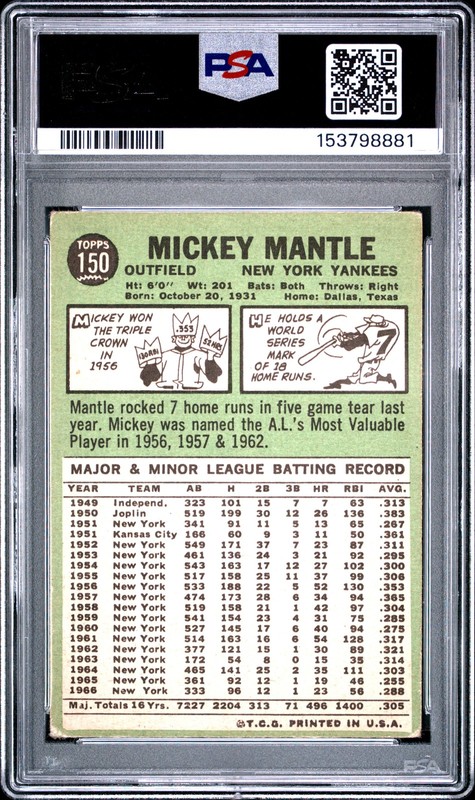 1967 TOPPS #150 MICKEY MANTLE PSA 2 view 2