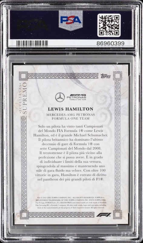 2023 TOPPS ECCELLENZA FORMULA 1 SUPREMO LEWIS HAMILTON PSA 10 view 2