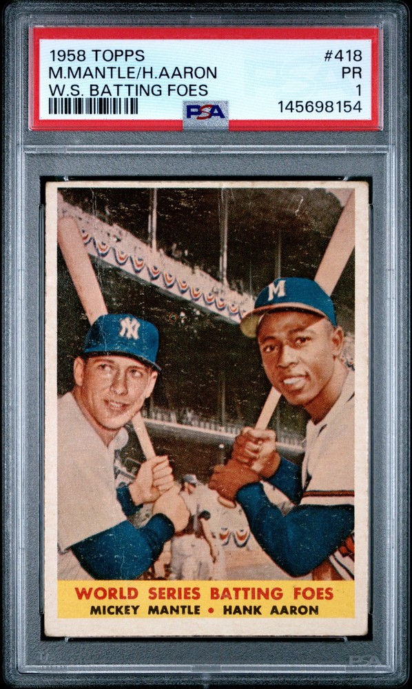 1958 TOPPS WORLD SERIES BATTING FOES #418 MICKEY MANTLE/HANK AARON PSA 1