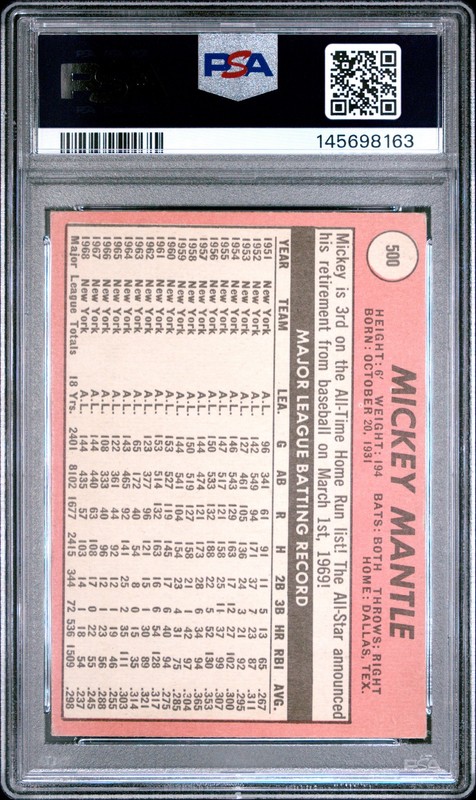 1969 TOPPS LAST NAME IN YELLOW #500 MICKEY MANTLE PSA 3 view 2