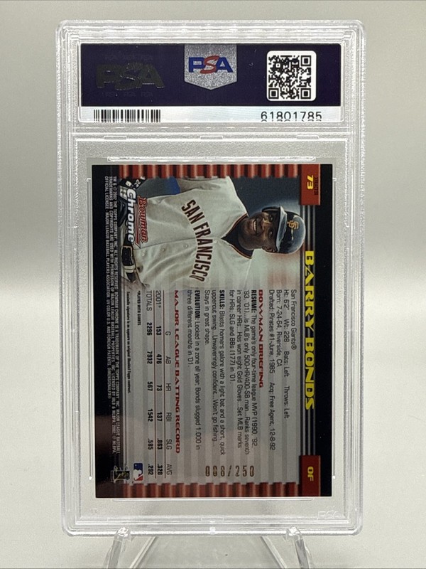 2002 Bowman Chrome BARRY BONDS X-Fractor /250 #73 PSA 8 - SF Giants view 2
