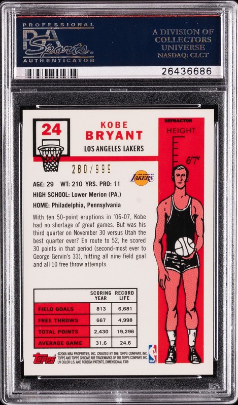 2007 TOPPS CHROME REFRACTOR #24 KOBE BRYANT #/999 PSA 9 view 2