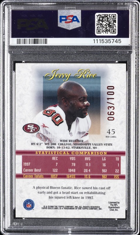 1998 TOPPS GOLD LABEL CLASS 1 RED LABEL #45 JERRY RICE 63/100 PSA 9 view 2