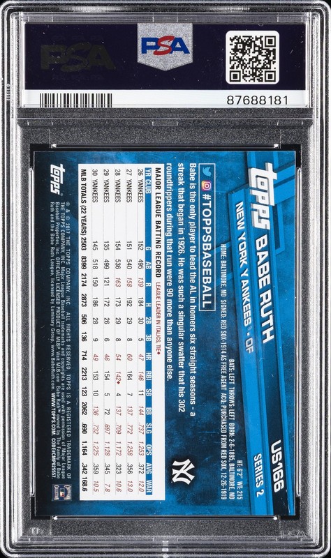 2017 TOPPS UPDATE #US166 BABE RUTH PSA 10 view 2