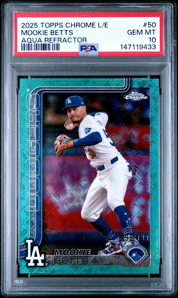 2025 TOPPS CHROME LOGOFRACTOR EDITION AQUA REFRACTOR MOOKIE BETTS 99/199 PSA 10