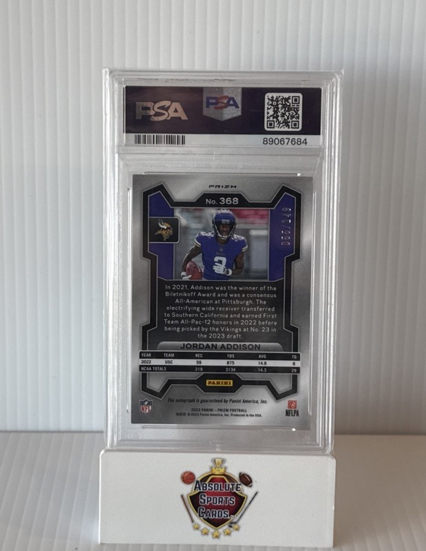 2023 Panini Prizm Jordan Addison #368 Auto 055/149  Red Wave PSA 9 MINT view 2