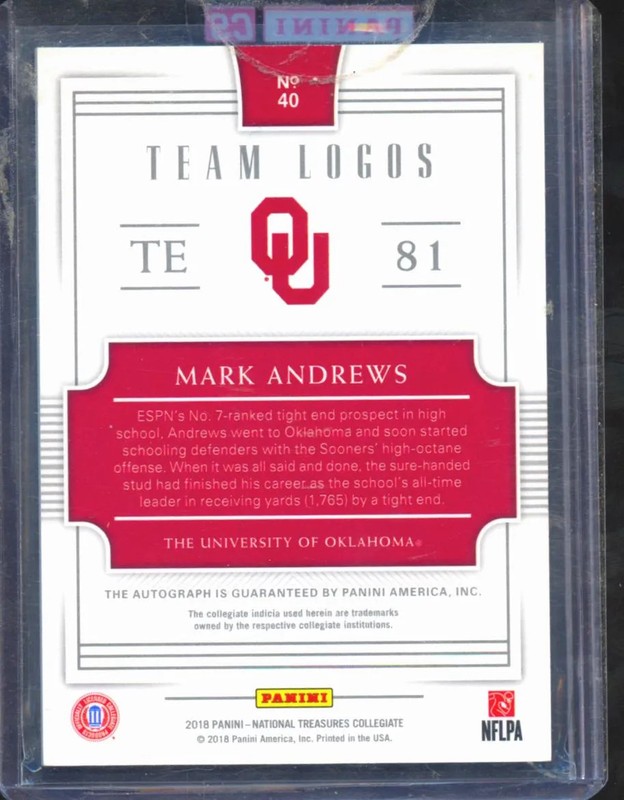 Mark Andrews 2018 National Treasures Team Logos Auto Autograph RC 13/25 Sooners view 2