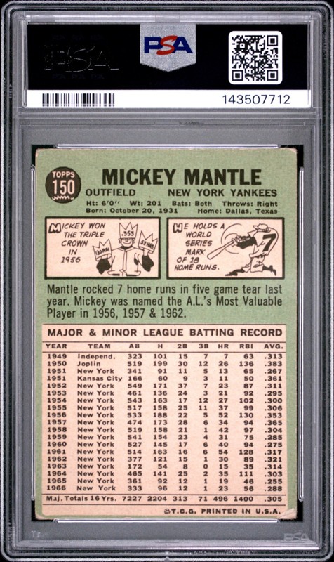 1967 TOPPS #150 MICKEY MANTLE PSA 2 view 2