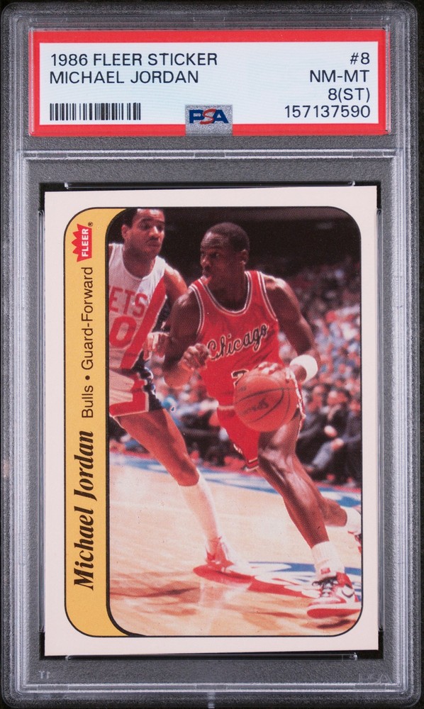 1986 FLEER STICKER #8 MICHAEL JORDAN ROOKIE RC PSA 8
