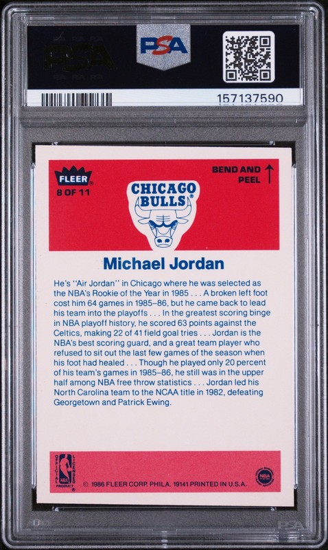 1986 FLEER STICKER #8 MICHAEL JORDAN ROOKIE RC PSA 8 view 2