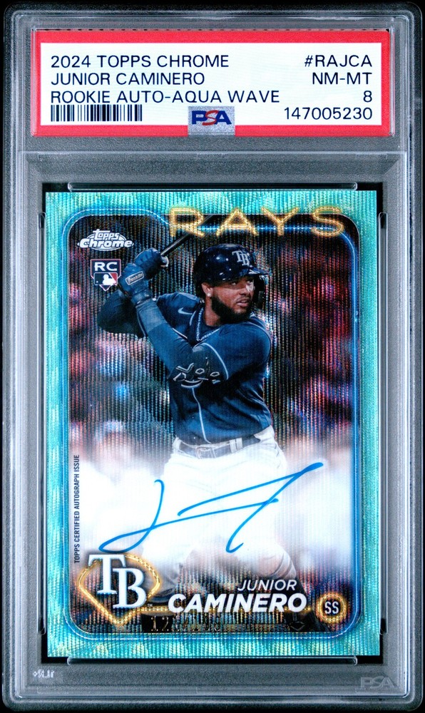 2024 TOPPS CHROME ROOKIE AUTO AQUA WAVE JUNIOR CAMINERO ROOKIE RC 121/199 PSA 8