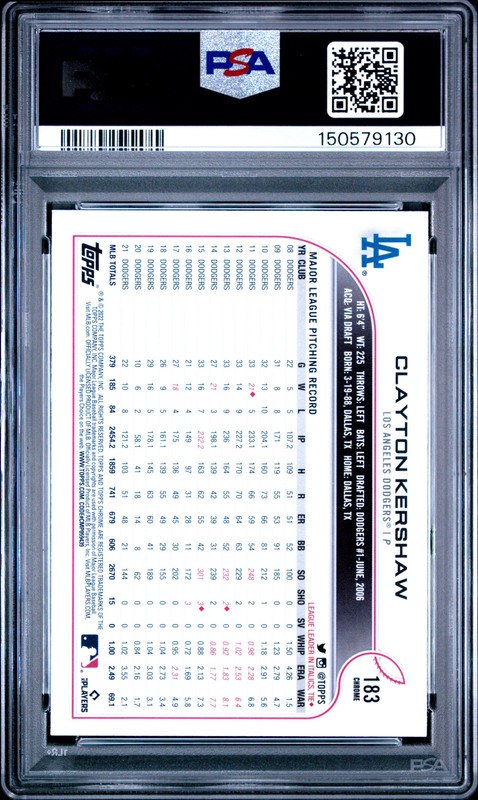 2022 TOPPS CHROME SONIC BLACK & WHITE RAYWAVE REFRACTOR CLAYTON KERSHAW PSA 9 view 2