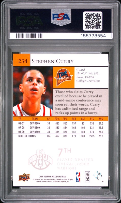 2009 UD #234 STEPHEN CURRY ROOKIE RC PSA 9 view 2