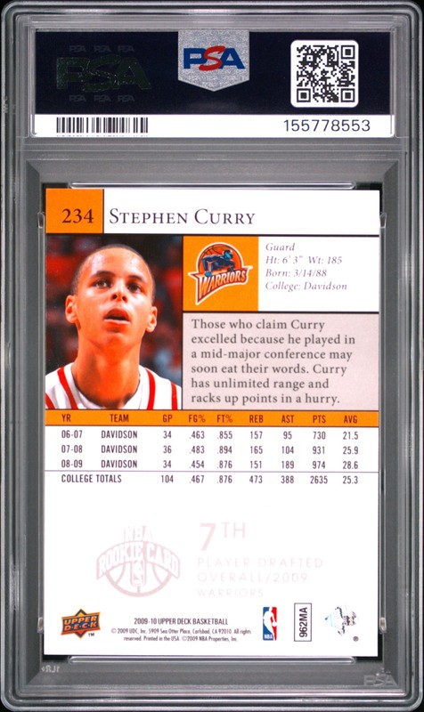 2009 UD #234 STEPHEN CURRY ROOKIE RC PSA 8 view 2
