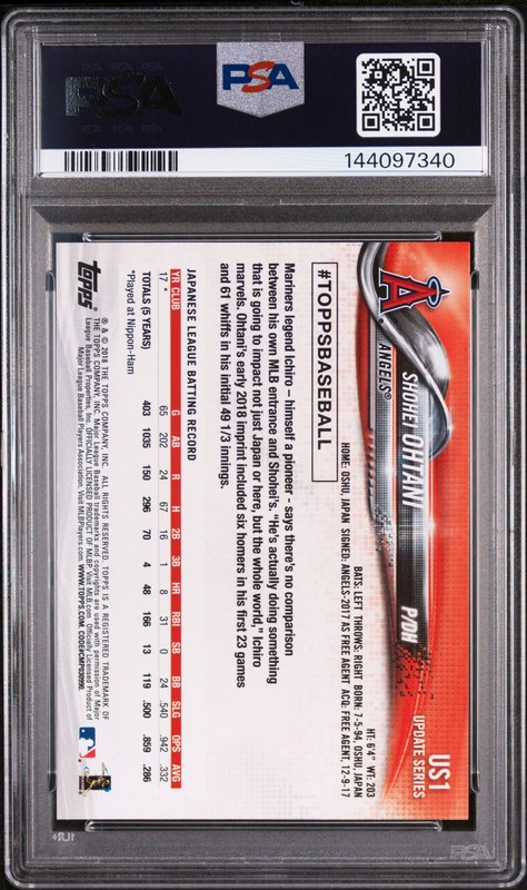 2018 TOPPS UPDATE #US1 SHOHEI OHTANI ROOKIE RC PSA 9 view 2
