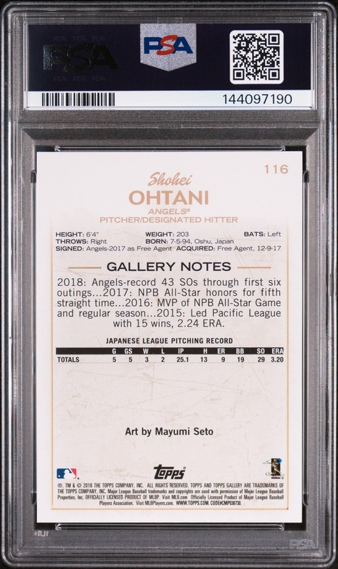 2018 TOPPS GALLERY #116 SHOHEI OHTANI ROOKIE RC PSA 10 view 2