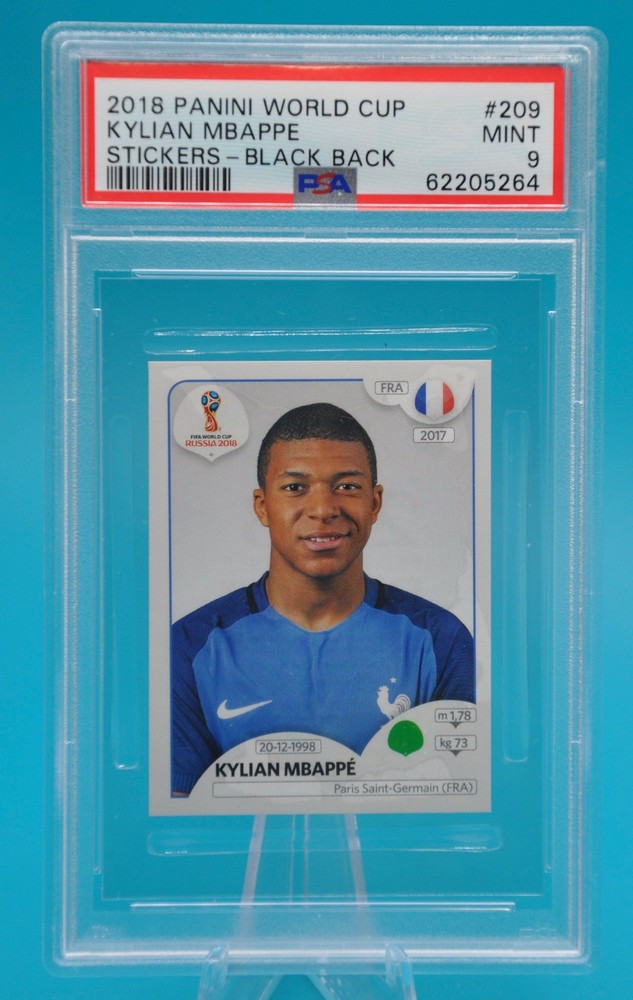 2018 Panini World Cup Kylian Mbappe PSA 9 Mint #209 Black Back Sticker RC
