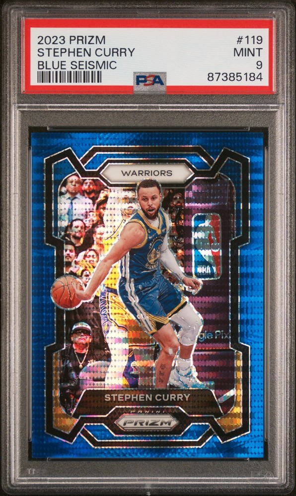 2023 PANINI PRIZM BLUE SEISMIC #119 STEPHEN CURRY 56/99 PSA 9