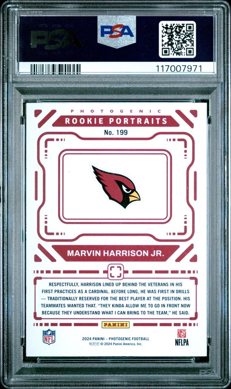 2024 PANINI PHOTOGENIC BLUE #199 MARVIN HARRISON JR. 4/99 PSA 9 view 2