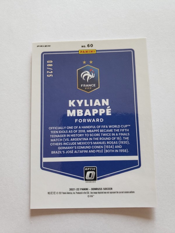 2021-22 Donruss Optic FIFA Soccer KYLIAN MBAPPE Pink Velocity Prizm 08/25 France view 2