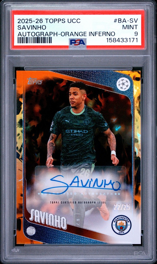 2025-2026 TOPPS UEFA CLUB COMPETITIONS AUTO ORANGE INFERNO SAVINHO 22/25 PSA 9