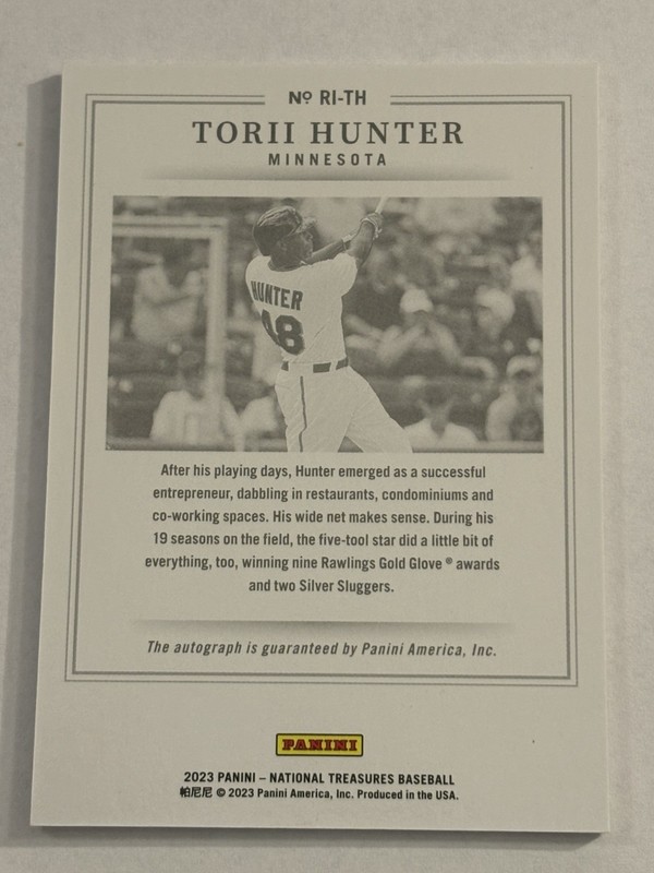 2023 National Treasures Torii Hunter Retro Ink Auto SSP /49 Twins view 2