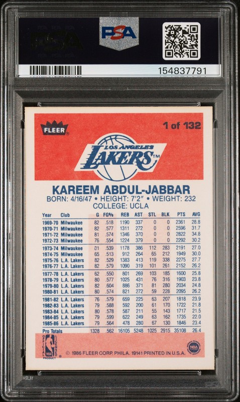 1986 FLEER #1 KAREEM ABDUL-JABBAR PSA 6 view 2