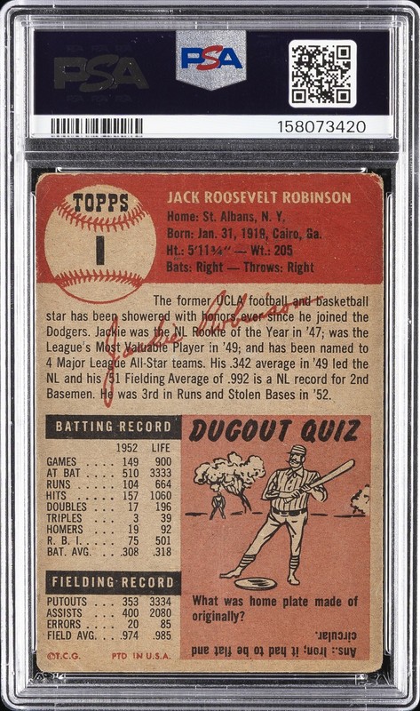 1953 TOPPS #1 JACKIE ROBINSON PSA 1 view 2