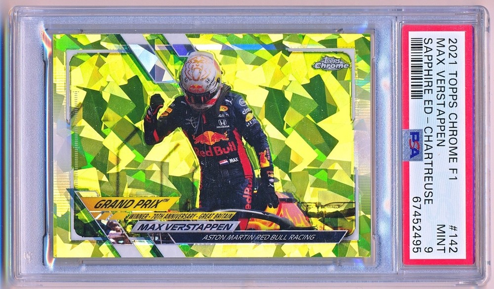 2021 Topps Chrome Sapphire F1 Max Verstappen Chartreuse #142 (178/199) PSA 9 view 1