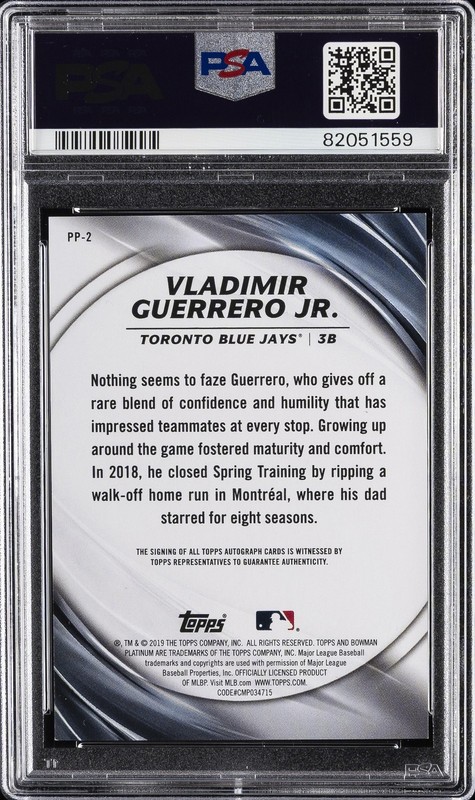 2019 BOWMAN PLATINUM PLATINUM PRESENCE AUTO VLADIMIR GUERRERO JR. 3/50 PSA 9 view 2