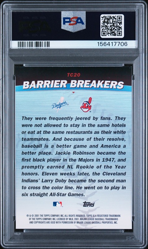 2001 TOPPS COMBOS JACKIE ROBINSON LARRY DOBY #TC20 BARRIER BREAKERS PSA 9 view 2