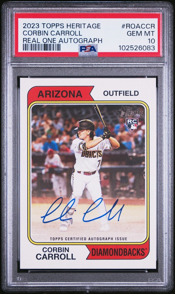 2023 TOPPS HERITAGE REAL ONE AUTOS #ROACCR CORBIN CARROLL PSA 10 AUTO