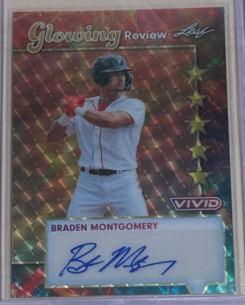 #1/1 BRADEN MONTGOMERY AUTO 2024 LEAF VIVID GLOWING REVIEW VINYL GOLD CIRCLES SP