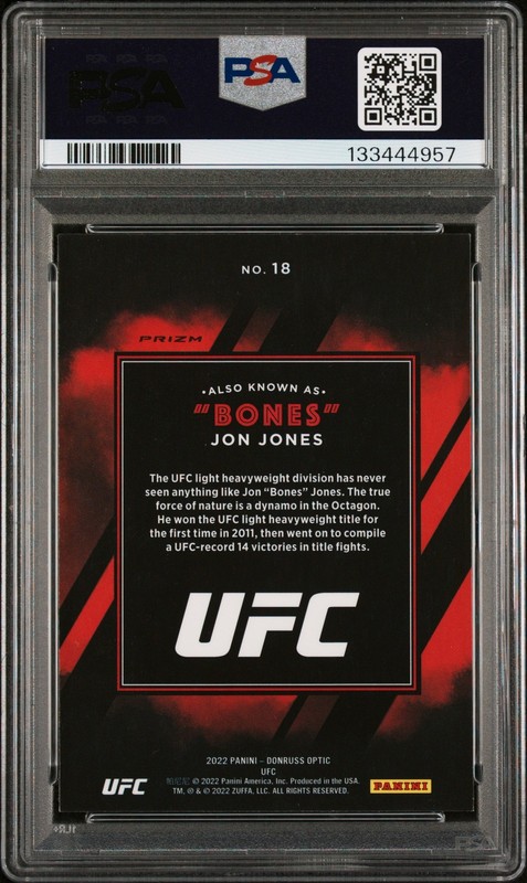 2022 PANINI DONRUSS OPTIC UFC ALSO KNOWN AS WHITE SPARKLE #18 JON JONES PSA 8 view 2