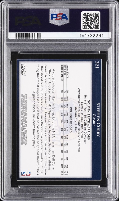 2009 TOPPS #321 STEPHEN CURRY ROOKIE RC PSA 8 view 2