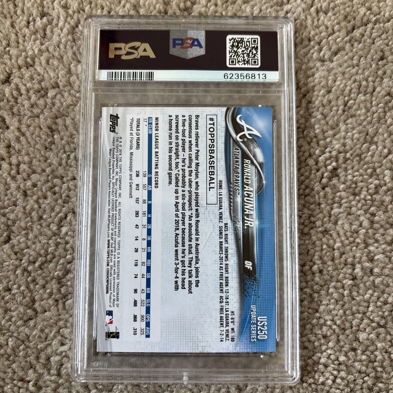 2018 Topps Update Ronald Acuna Jr At-Bat In Blue Jersey #US250 PSA 9 MINT view 2