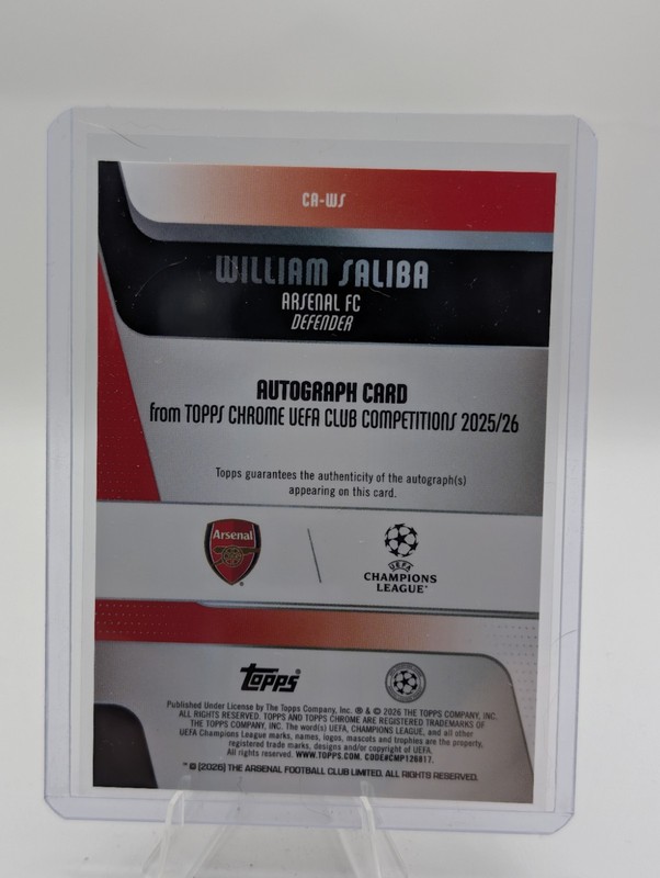 2026 Topps Chrome UCC William Saliba Aqua Auto /199 view 2