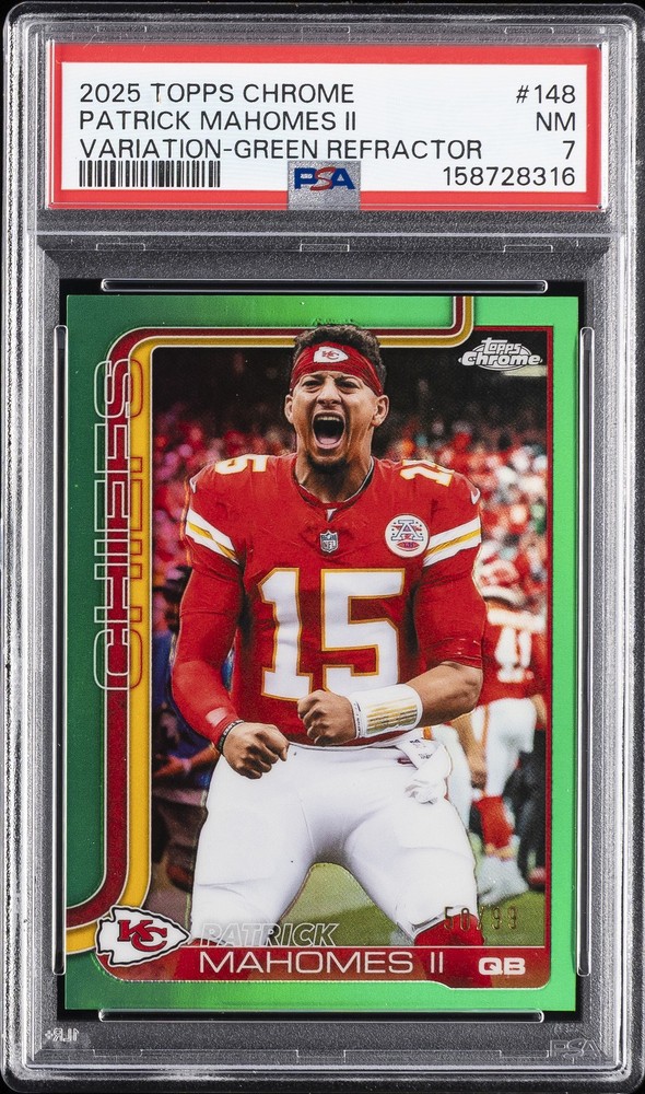 2025 TOPPS CHROME VARIATION-GREEN REFRACTOR #148 PATRICK MAHOMES II 50/99 PSA 7
