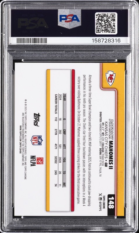 2025 TOPPS CHROME VARIATION-GREEN REFRACTOR #148 PATRICK MAHOMES II 50/99 PSA 7 view 2