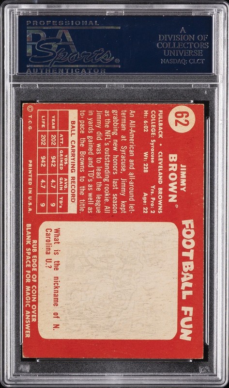 1958 TOPPS #62 JIM BROWN PSA 6 view 2
