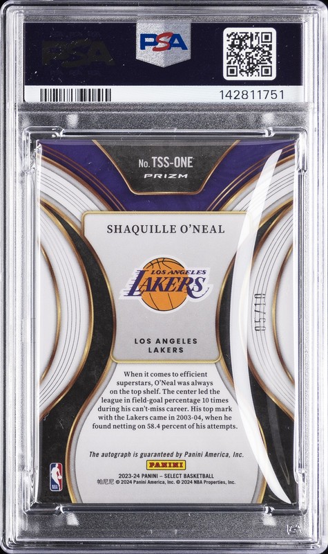 2023 PANINI SELECT TOP SHELF SIGNATURES GOLD PRIZM SHAQUILLE O'NEAL 5/10 PSA 7 view 2