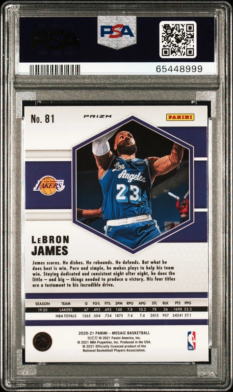 Gold Wave Mosaic Prizm 2020-21 Panini Mosaic LeBron James #81 Lakers PSA 8 view 2