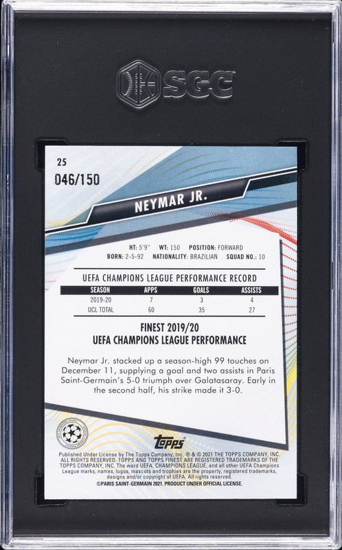 2020-21 TOPPS FINEST UEFA BLUE REFRACTOR #25 NEYMAR JR. /150 SGC 10 GM view 2