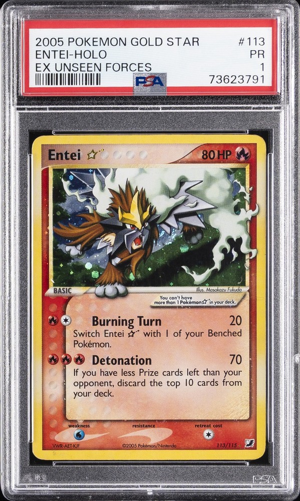 2005 POKEMON EX UNSEEN FORCES GOLD STAR #113 ENTEI-HOLO PSA 1