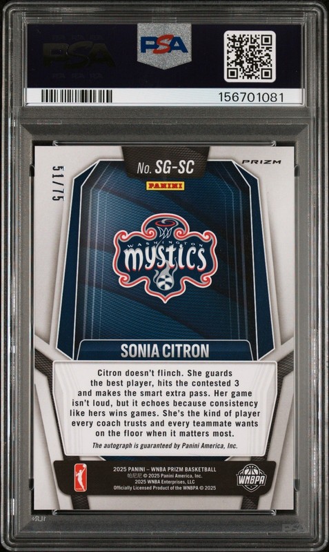 2025 Panini Prizm WNBA Blue Sonia Citron ROOKIE AUTO /75 #SG-SC PSA 10 GEM MINT view 2